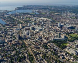 Aerial view of Cardiff showing the city's layout, a great perspective for those planning a move to Cardiff.